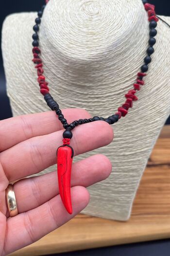 Balzamin Design Onyx and Coral Stone Unisex Necklace |   Natural Stone Design with Howlite Tip, Adjustable