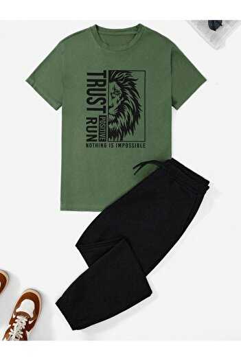 MOVİMENT Khaki Lion Printed 100% Cotton Men's T-Shirt