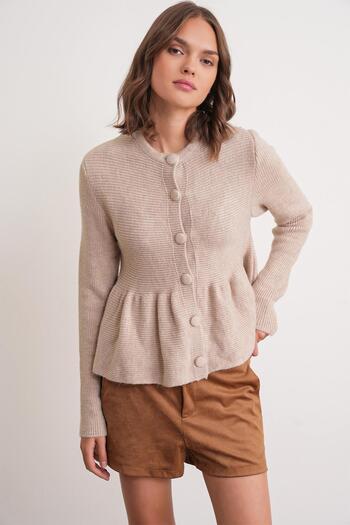 Mixray 6958 Women's Knitwear Peplum Cardigan Beige