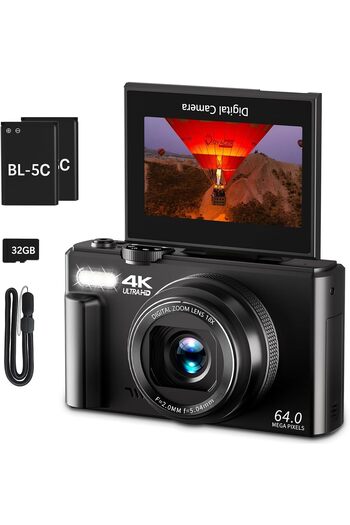 YIMLGE 4K Digital Camera , 64MP with 3" 180° Flip Screen, 18X Digital Zoom Point with 32GB Micro SD Card