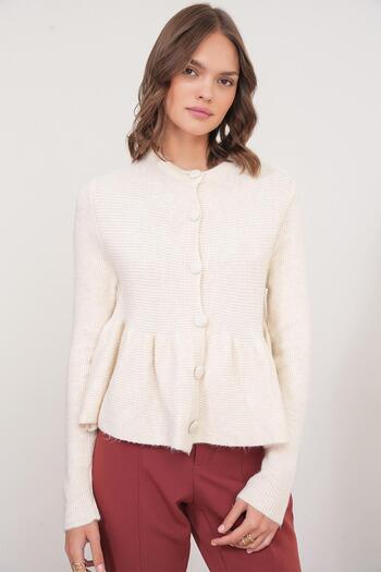 Mixray 6958 Women's Knitwear Peplum Cardigan Natural