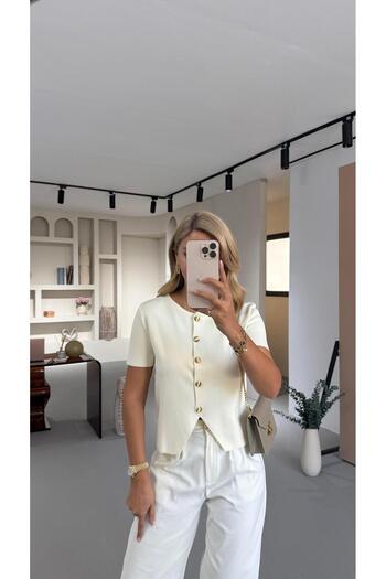 Sezgi Tekin Gold Button Detail Short Sleeve Ecru Knit Cardigan