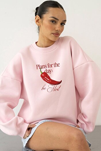 The Champ Clothing Γυναικείο φούτερ Oversize Be Hot με στάμπα ροζ – Λαιμόκοψη, 3 κλωστές από φλις με ανάγλυφο