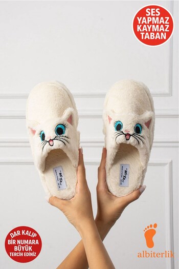 AlbiShoes Cute Cat Figured House Slippers Soft Plush Non-Slip Non-Slippery Lightweight Sole House Slippers