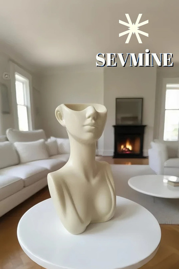 SEVMİNE 19 cm Cream Women's Bust Bohemian Decorative Scandinavian Object Gift (Vase / Pen Holder)