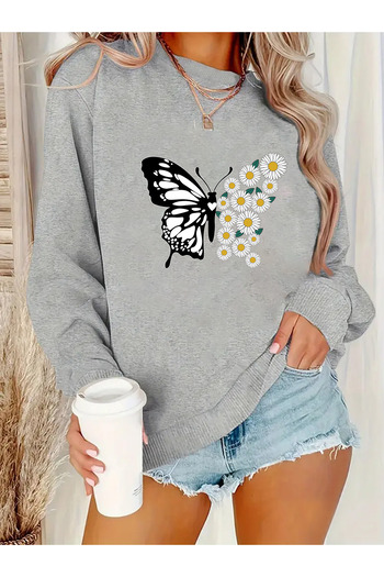 uyguntarz Unisex Daisy Butterfly Printed Design Oversize Sweatshirt