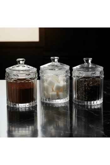 FAIR HOME 3-Piece Heart Detailed Glass Lid Sugar Bowl - Countertop Spice Container Set