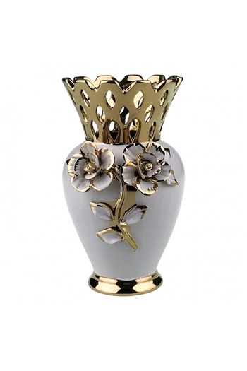velve Ceramic vase with 3D floral print, 20cm, White-Gold