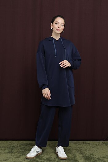 Puane Women's Hooded Trouser Suit with Embellished Back - 14306Tks - Navy Blue