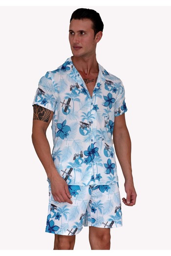 Exve Exclusive White Blue Leaf Print Relaxed Fit Short Sleeve Loose Lapel Collar Summer Shirt Shorts Set
