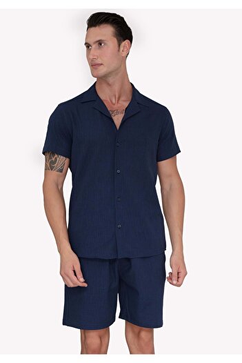 Exve Exclusive Navy Blue Linen Relaxed Fit Short Sleeve Loose Lapel Collar Summer Shirt Shorts Set