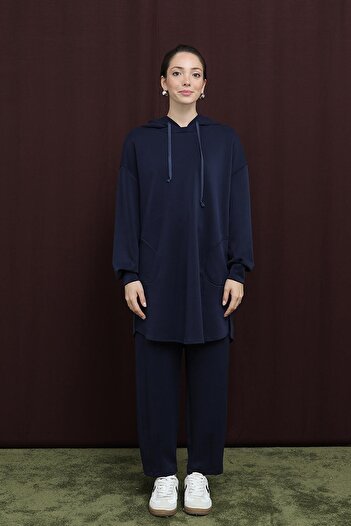 Puane Women's Hooded Trouser Suit with Embellished Back - 14306Tks - Navy Blue