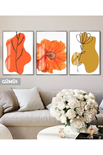 Harikabirev Hari̇kabi̇rev | Orange Color Bohemian Flower Combination 01 | Framed Glass Table 3-Piece Vertical