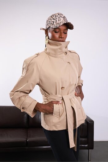 5in1Canpolat Camel Stand Collar Belted Trench Coat