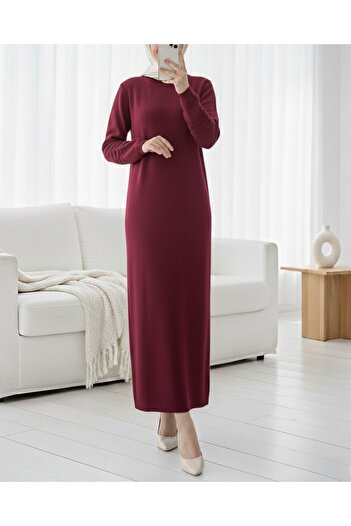 Modamorfo Knitwear Dress with Elastic Sleeves and Pompom Detail - Burgundy