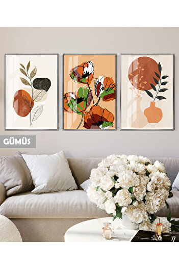 Harikabirev Hari̇kabi̇rev | Orange-Ecru Flower Patterned Bohemian Combination | Framed Glass Table 3-Piece Vertical