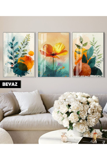 Harikabirev Hari̇kabi̇rev | Orange Colored Flower Patterned Bohemian Combination | Framed Glass Table 3-Piece Vertical