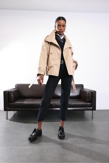 5in1Canpolat Camel Stand Collar Belted Trench Coat