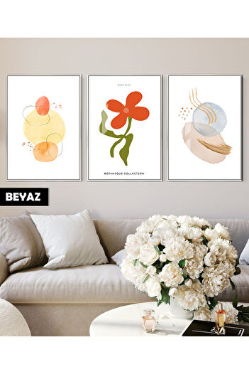 Harikabirev Hari̇kabi̇rev | Orange-Green Flower Patterned Bohemian Combination 02 | Framed Glass Table 3-Piece Vertical