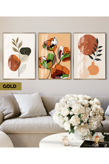 Harikabirev Hari̇kabi̇rev | Orange-Ecru Flower Patterned Bohemian Combination | Framed Glass Table 3-Piece Vertical