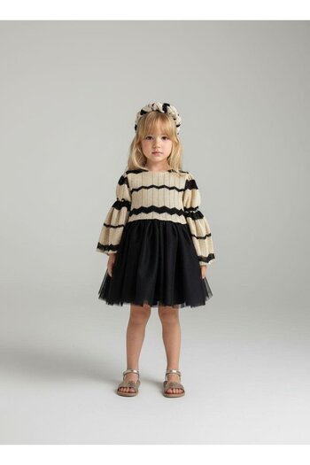 Magu Girl's Cotton Knitwear Patterned Balloon Sleeve Black Tulle Skirt Dress
