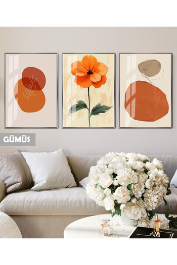 Harikabirev Hari̇kabi̇rev | Orange-Color Flowery Bohemia Combination 01 | Framed Glass Table 3-Piece Vertical