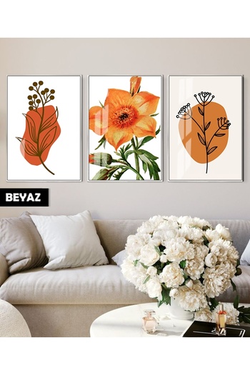 Harikabirev Hari̇kabi̇rev | Orange Color Flower Bohem Combination 02 | Framed Glass Table 3-Piece Vertical