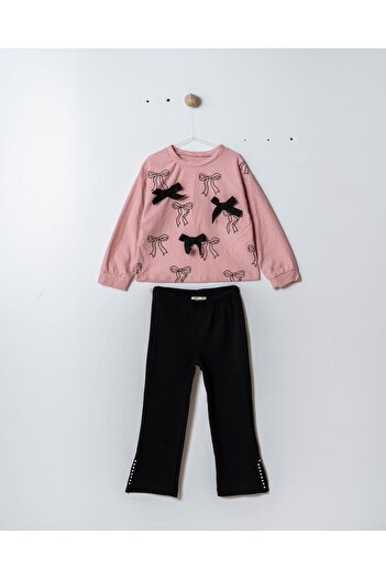 Magu Girl's Cotton Pink Bow Patterned T-Shirt and Black Pearl Button Detailed Pants Set