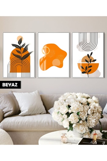 Harikabirev Hari̇kabi̇rev | Orange Colored Abstract Patterned Bohemian Combination Soft | Framed Glass Table 3-Piece Vertical