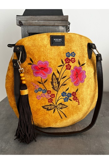 GÜLHOBY Flower Embroidered Nubuck Fabric Bag Round Bag with Shoulder Strap
