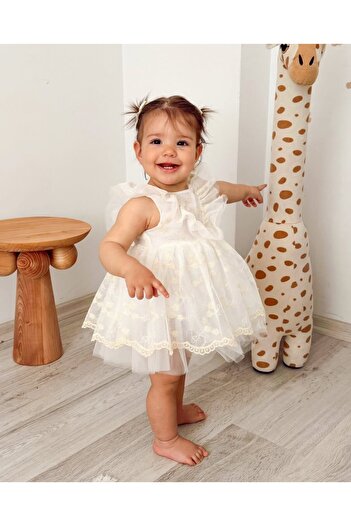 PİTABABY Krem Dantelli Tül Bebek Elbise ve Saç Bandı Takımı 3-6 Ay & 12-18 Ay Özel Gün, Doğum Günü