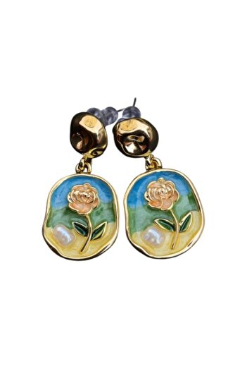 BuradaBuldun Modern Earrings with Blue Patterned Floral Motifs