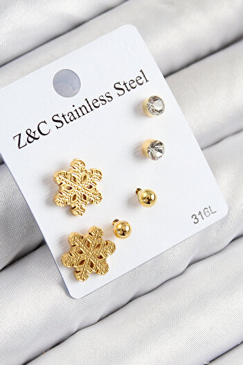 Vice 316L Steel Zircon Stone Snowflake Model Gold Color Women's Set Earrings