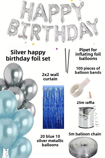 Baloncu Nene Happy Birthday Foil Set Blue Silver Balloon Party Birthday Decoration Set