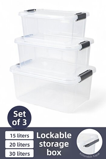 İronika 3-Piece Storage Container Horizontal Rectangular with Locking Lid Multi-Purpose Toy Storage Box 15-20-30 Liters