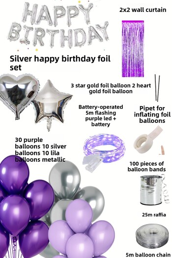 Baloncu Nene Silver Happy Birthday Foil Balloon Set Purple Lilac Silver Birthday Party Decorations