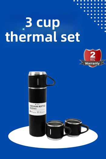 Toptan Bulurum Thermos set 3-piece cup set heat resistant black stainless steel vacuum