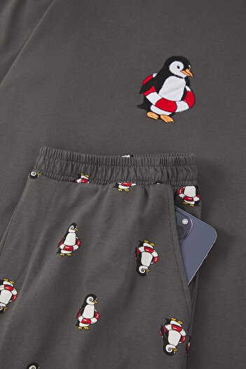 Trendyol Collection Anthracite Regular Penguin Embroidered Knitted Pajamas Set Tmnaw23Pt00157