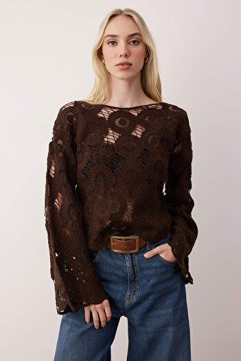Trendyol Collection Brown Crochet Detailed Knitwear Sweater Twoaw26Kz00247