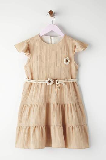 TRENDYOLKIDS Girl's Stone Belt Detailed Flower Appliqued Cotton Woven Short Sleeve Eid Dress Tkdss24El00015