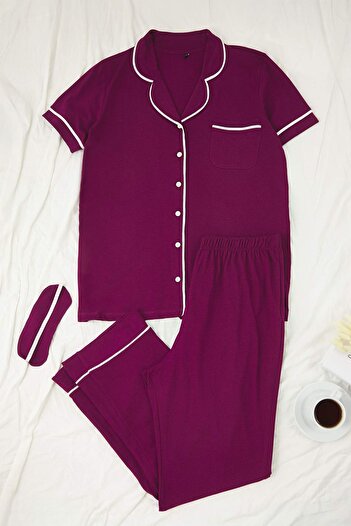Trendyol Curve Plum Piping Detailed Shirt Collar Knitted Pajamas Set Tbbaw24Ai00040