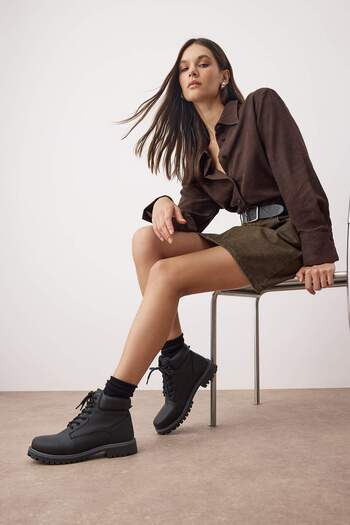 TRENDYOL SHOES Black Lace-Up Short Flat Heeled Women's Boots 
 Takaw25Bo00046