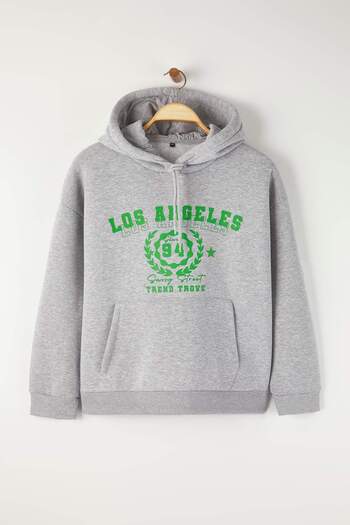 Trendyol Curve Gray Hooded Oversize Slogan Printed Knitted Plus Size Sweatshirt Tbbaw26Ao00016