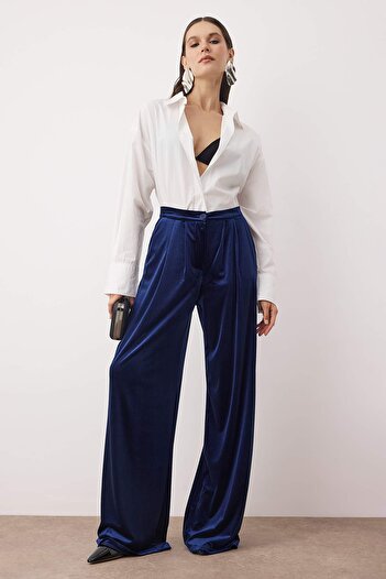 Trendyol Collection Navy Blue Plain Knitted Velvet Stylish / Night Pants Tpraw23Pl00017