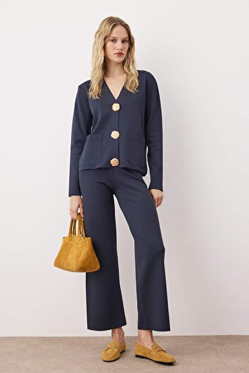 Trendyol Collection Navy Blue V-Neck Button Detailed Cardigan-Pants Knitwear Bottom - Top Set Twoaw26Au00045