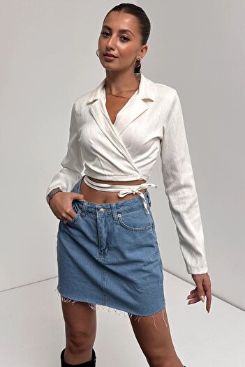 Fav Style Λευκή Crop Μπλούζα - Μακρυμάνικο, Πουκάμισο Γιακά, Λεπτομέρεια με Δαντέλα