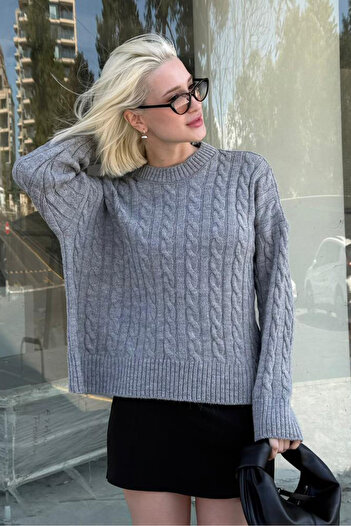 Madmext Gray Crew Neck Knitted Patterned Women's Sweater Mg2520