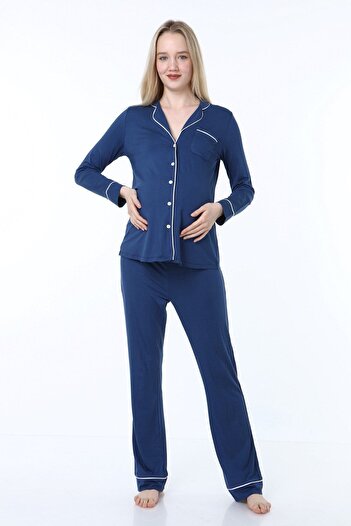 Luvmabelly Myra9551 Buttoned Pile Maternity Pajama Set - indigo