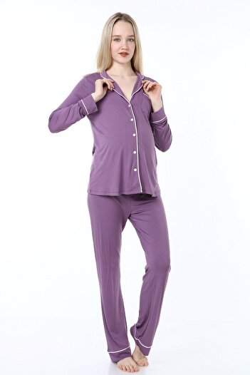 Luvmabelly Myra9552 Düğmeli Biyeli Hamile Pijama Takımı -mor