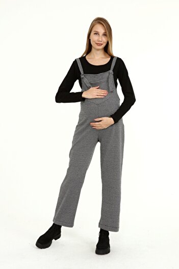 Luvmabelly Myra6150 Winter Long Houndstooth Pattern Maternity Salopet -Gray